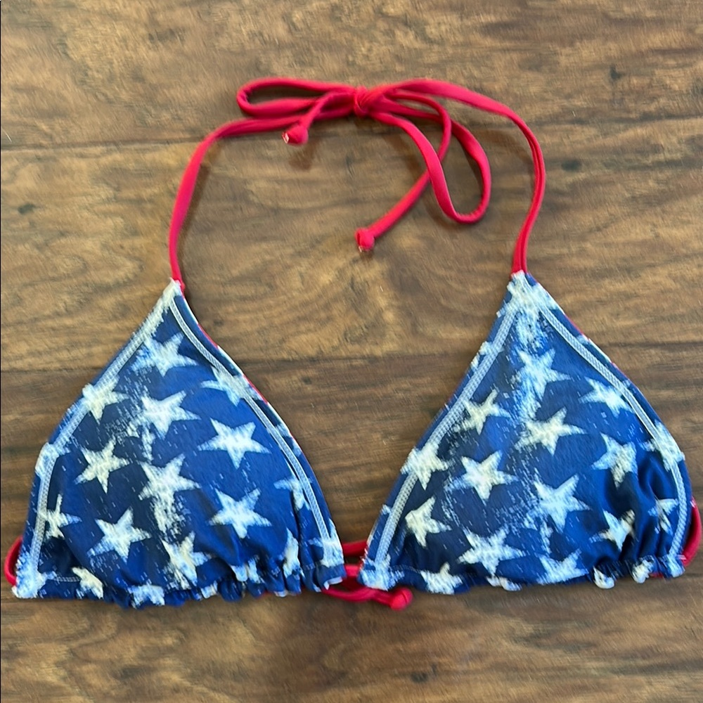 Star-Patterned Blue Bikini Top with Red Straps